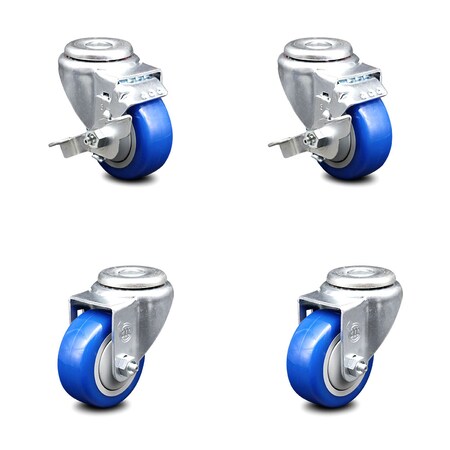 Service Caster 3 Inch Blue Polyurethane Wheel Swivel Bolt Hole Caster Set with 2 Brake SCC SCC-BH20S314-PPUB-BLUE-TLB-2-S-2